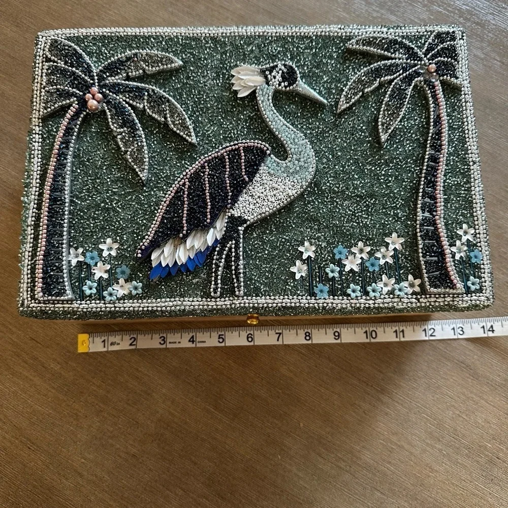 Beaded keepsake woods box with Crane and Palm Tree Design nwot